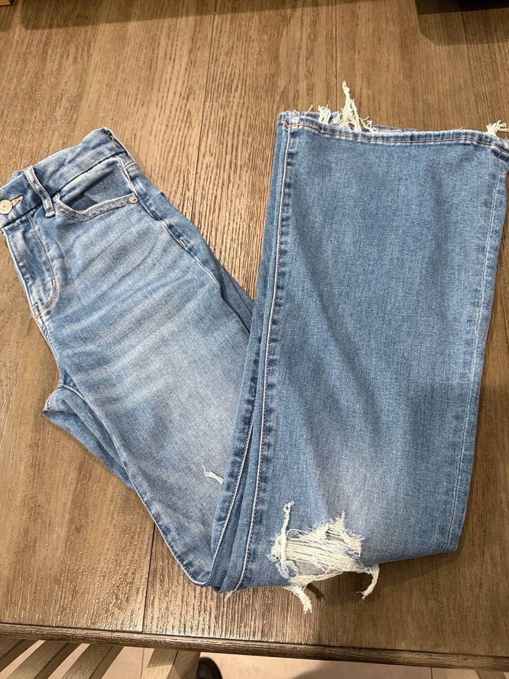 American Eagle Outfitters Medium Blue Frayed-Hem Flare Jeans